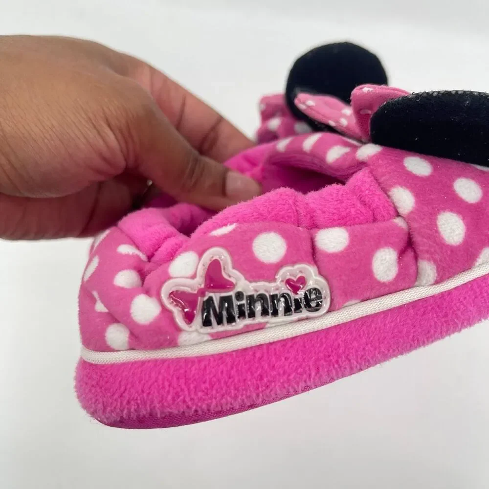 Disney Minnie Mouse Girls Pink Polka Dot Sequin Plush Slippers XL 11/12